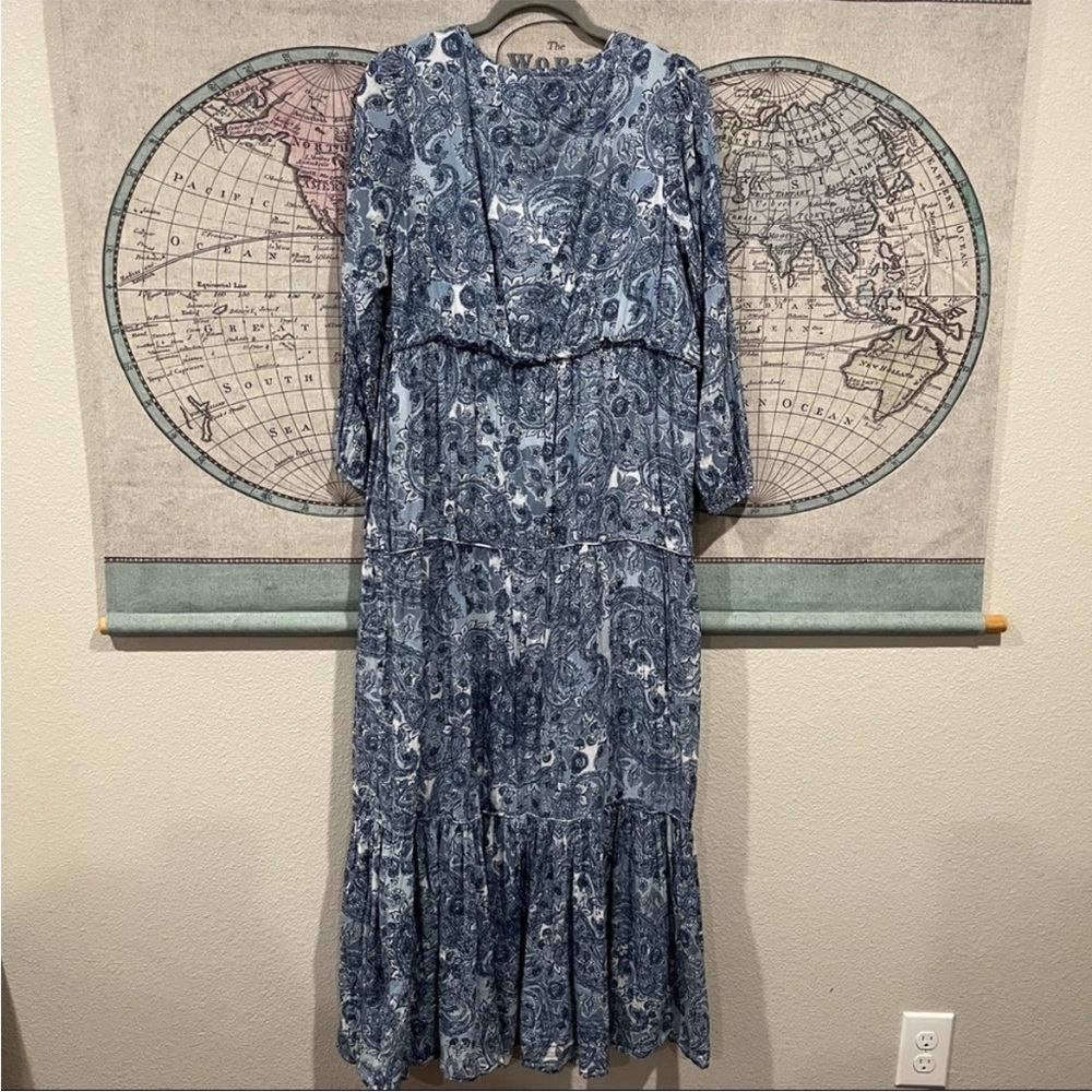 Rachel Zoe Paisley Print Blue Long Sleeve v-neck Maxi Tiered Babydoll Dress - Picture 5 of 8